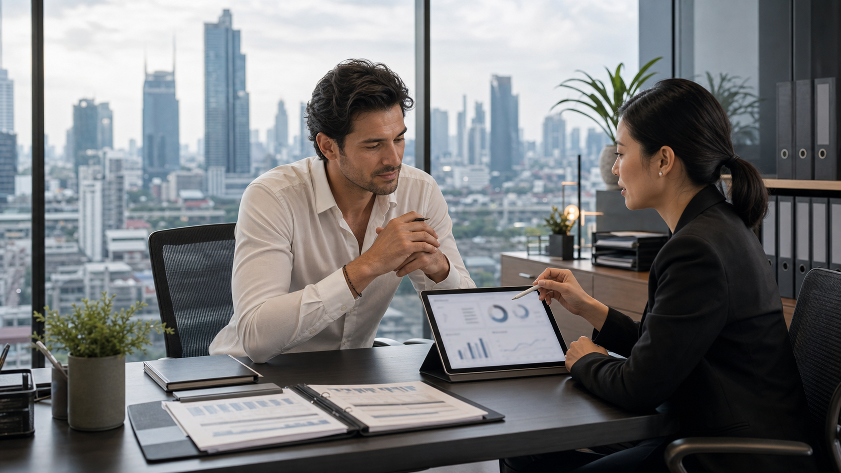 Organized business documents and tablet on a clean meeting table
