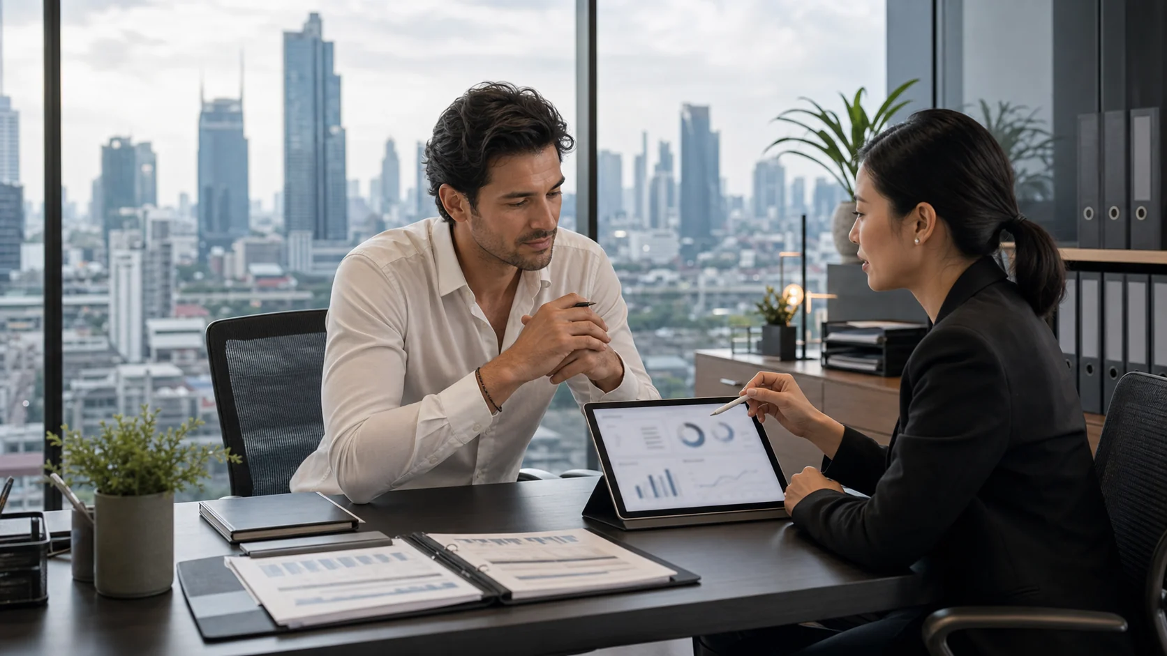 Organized business documents and tablet on a clean meeting table