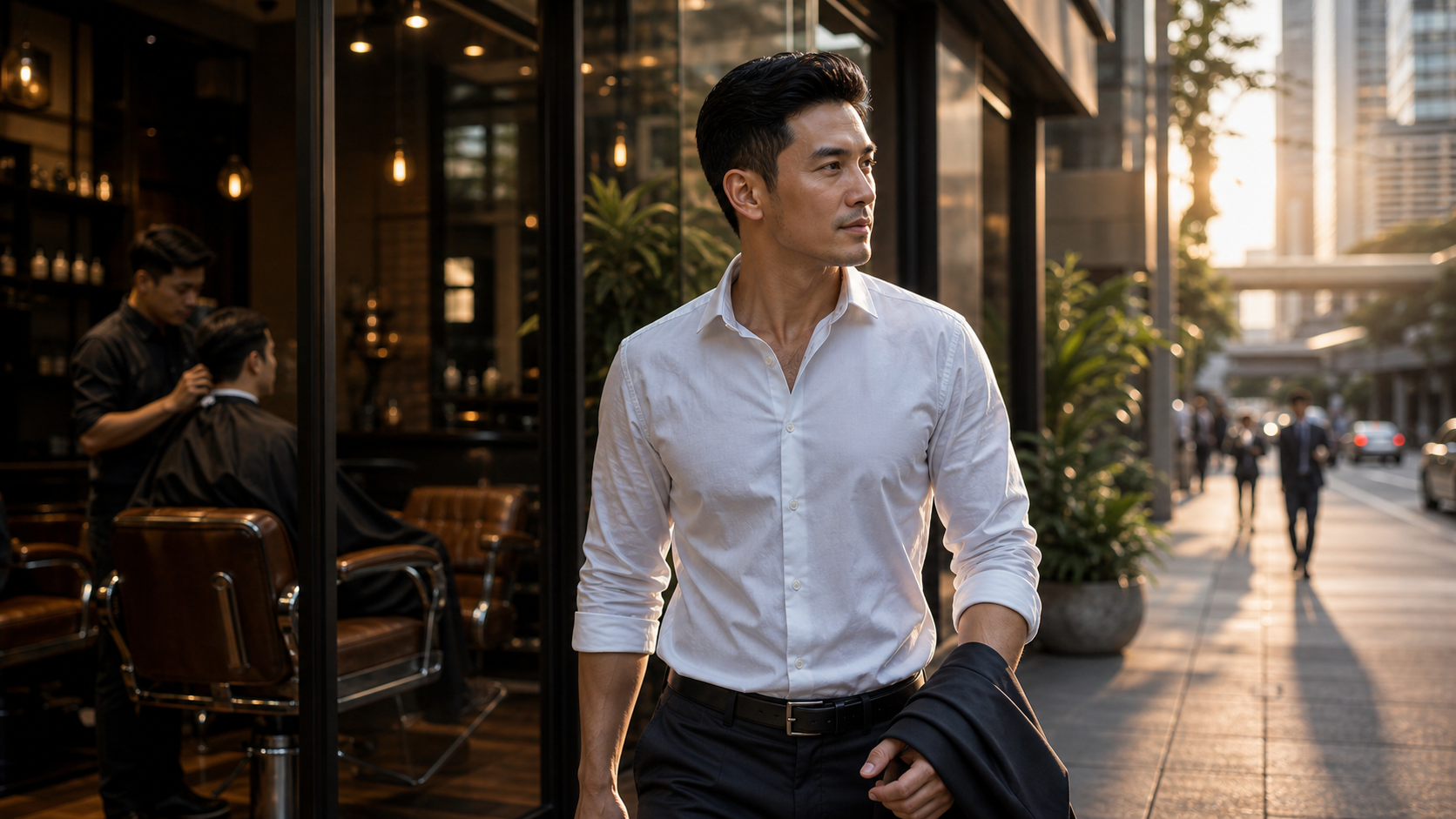Well groomed man leaving a Bangkok barbershop after a haircut