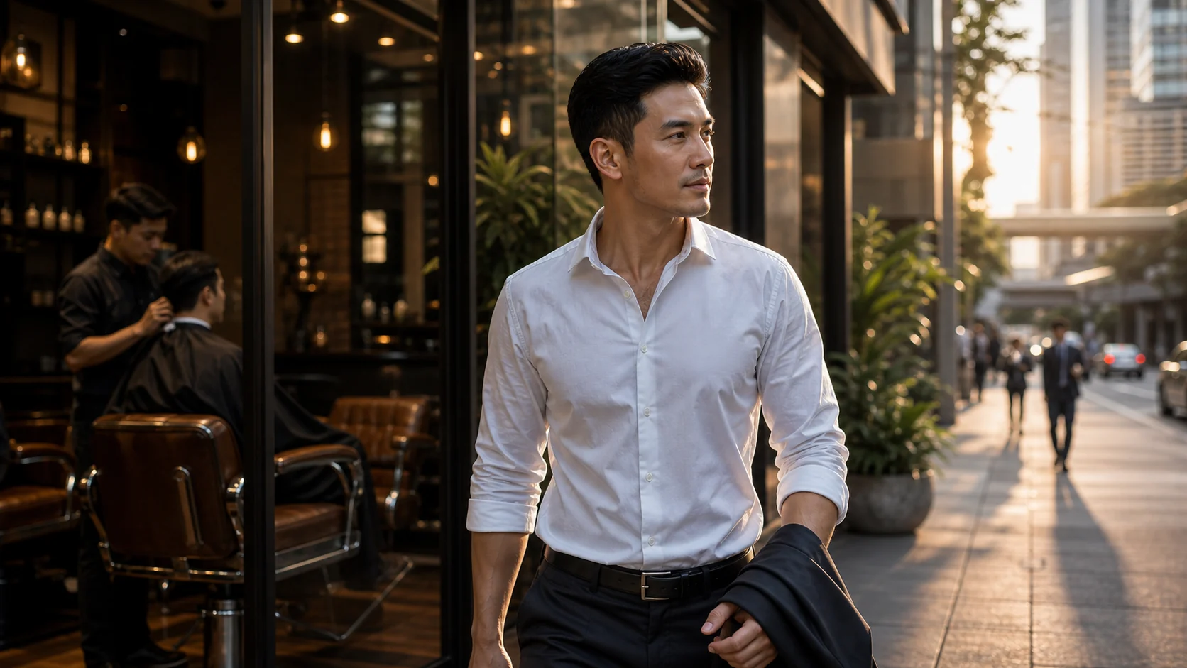 Well groomed man leaving a Bangkok barbershop after a haircut