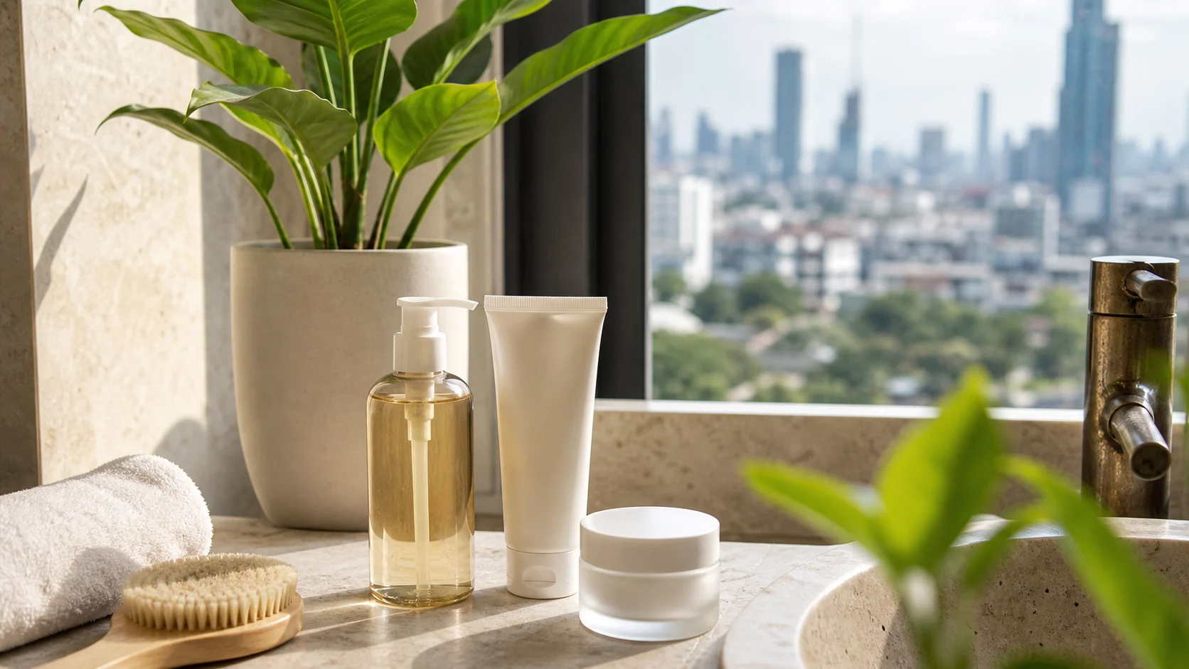 Minimal skincare routine near a Bangkok window with tropical light