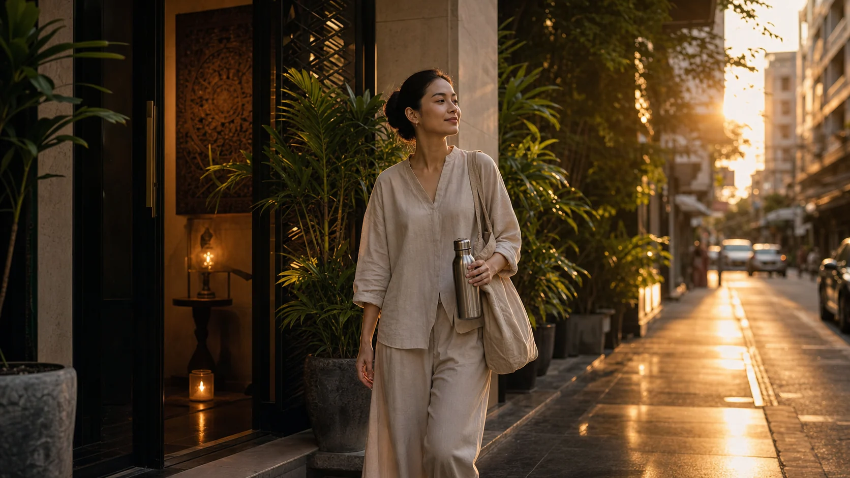 Relaxed traveler leaving a Bangkok spa at golden hour