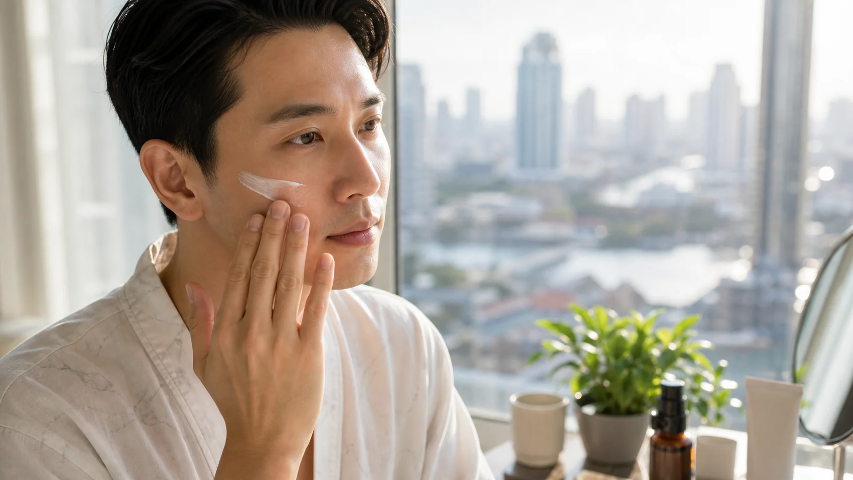 Simple skincare products after a facial in a bright city bathroom