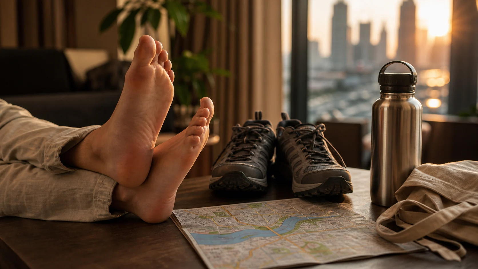 Traveler resting tired feet after a long city walk