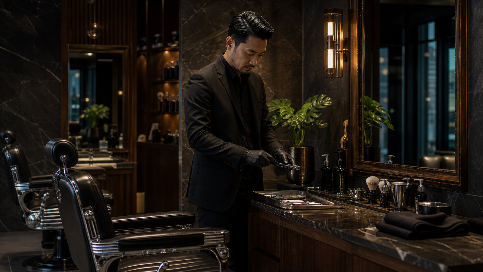 Luxury Bangkok barbershop interior with leather chair and clean tools