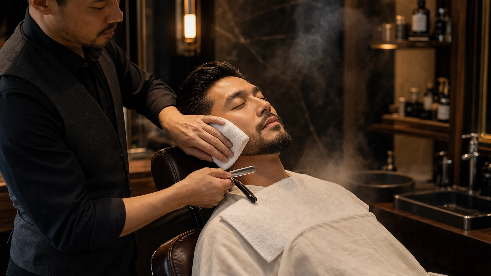 Premium grooming tools and warm towel arranged on a barbershop counter