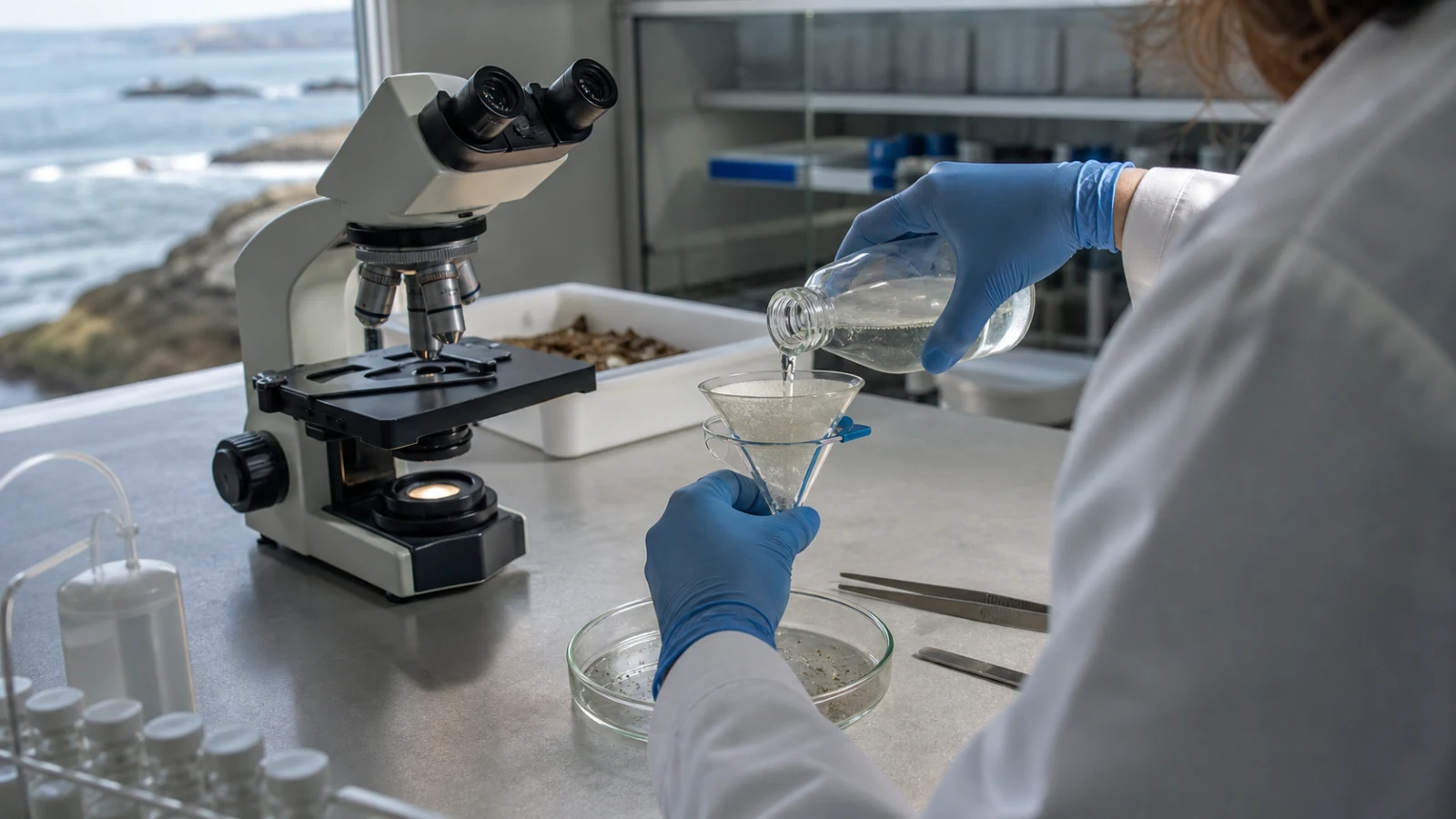 Researcher filtering a seawater sample beside a microscope for marine microplastic monitoring