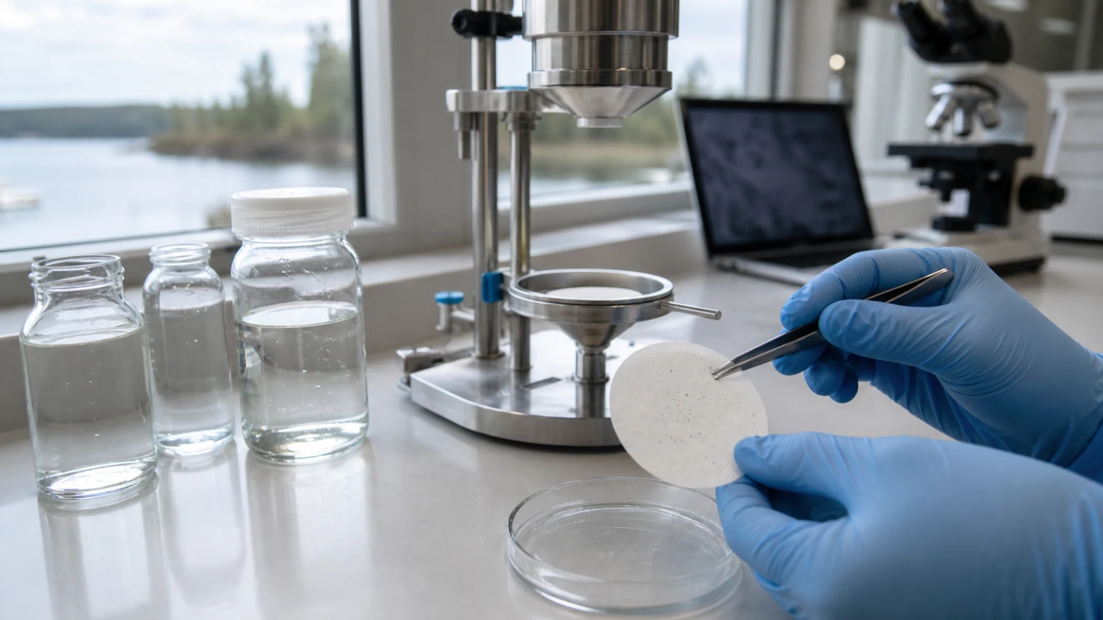 Gloved hands inspect a water sample filter on a laboratory bench with glass sample bottles and monitoring equipment.