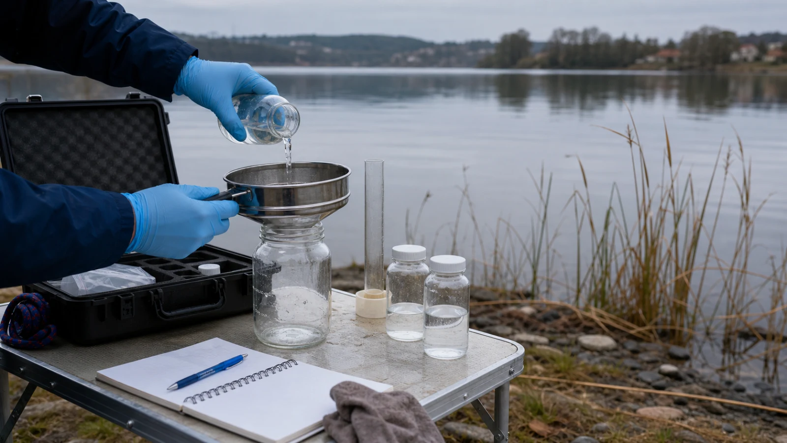 Researcher hands pour a natural water sample through field sampling equipment beside a calm freshwater lake.