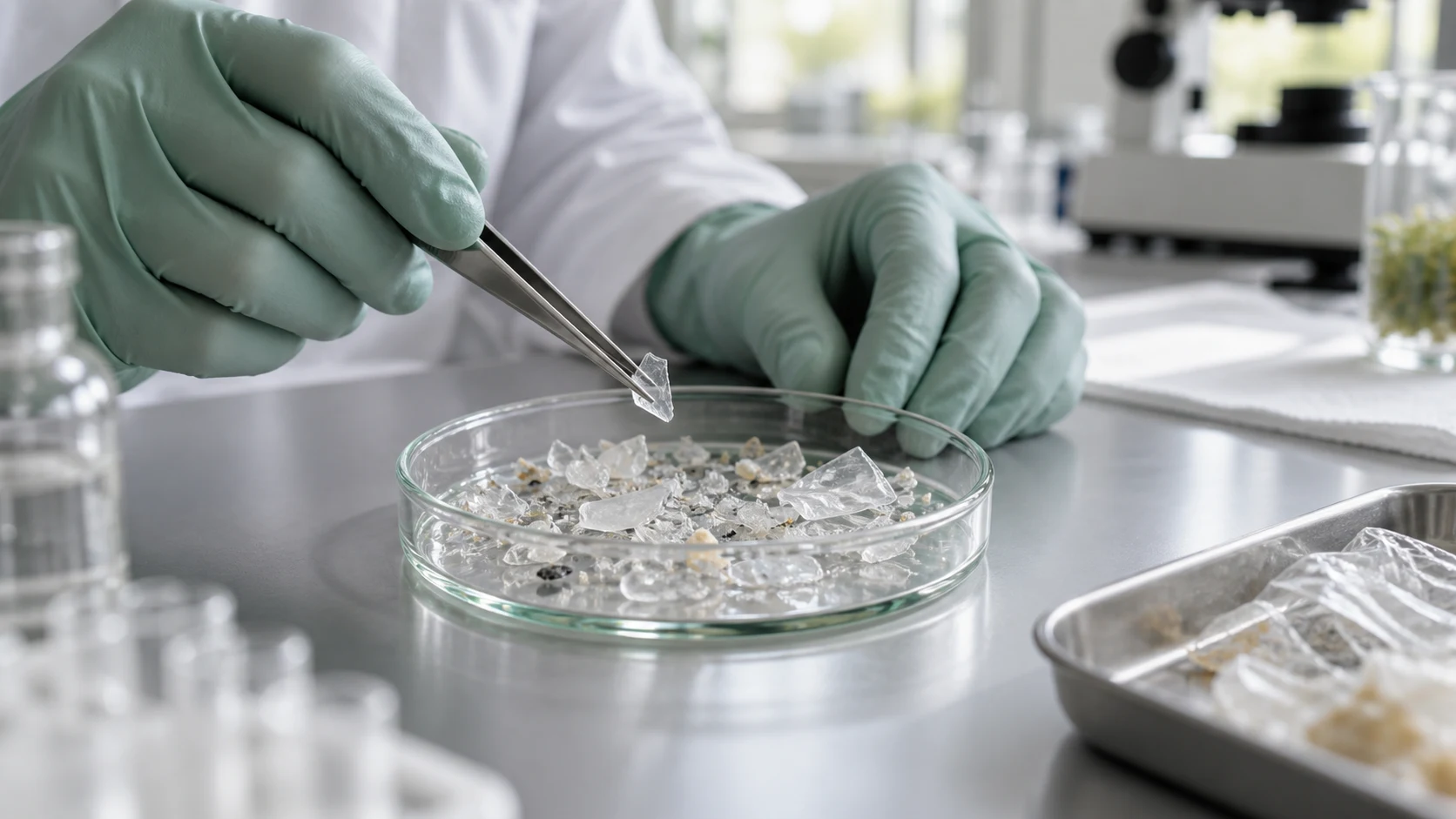 Gloved hands use tweezers to inspect clear plastic fragments in a petri dish on a laboratory bench.