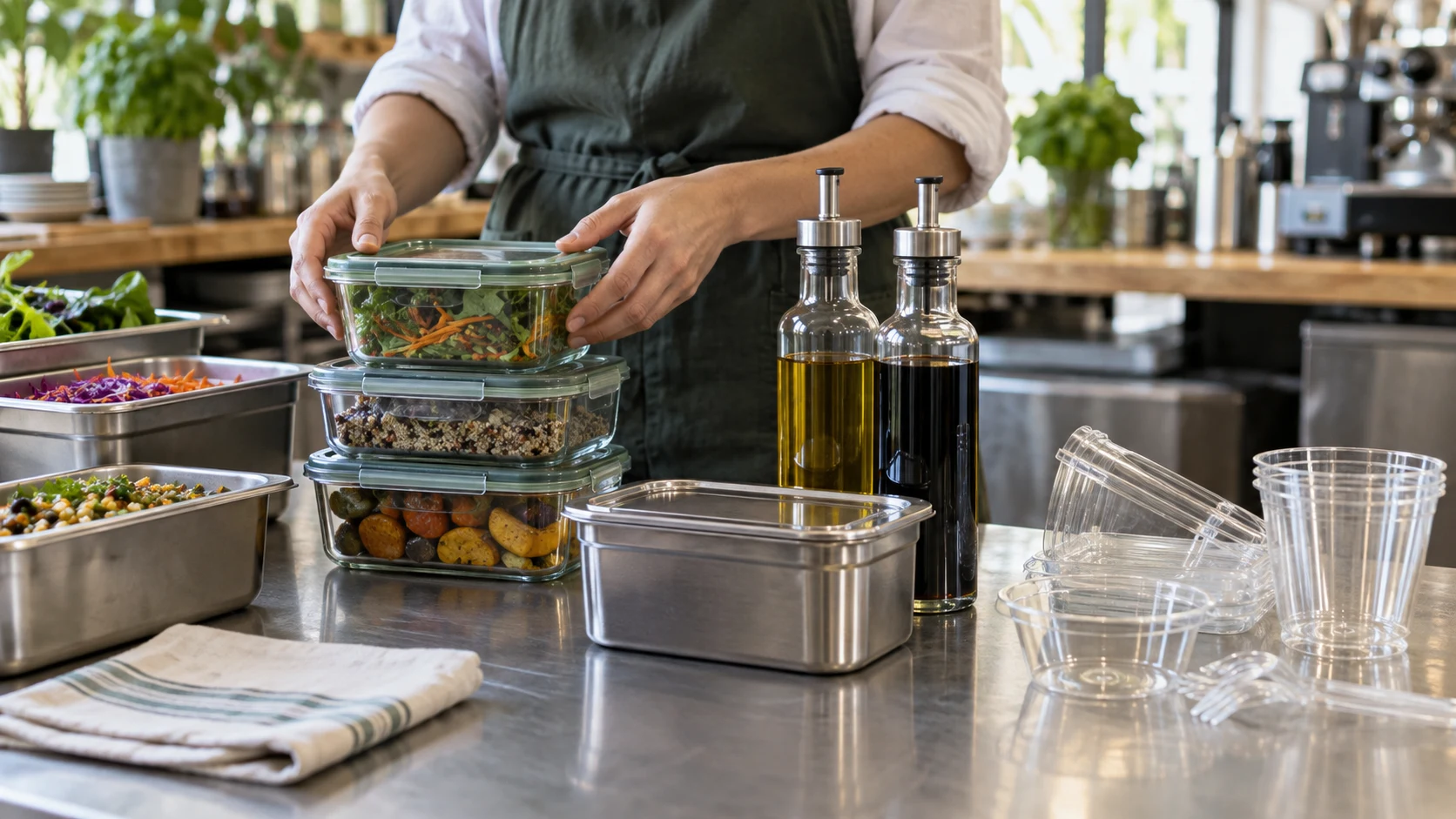 Cafe counter with reusable food containers, refill bottles and clear disposable cups set aside for comparison.