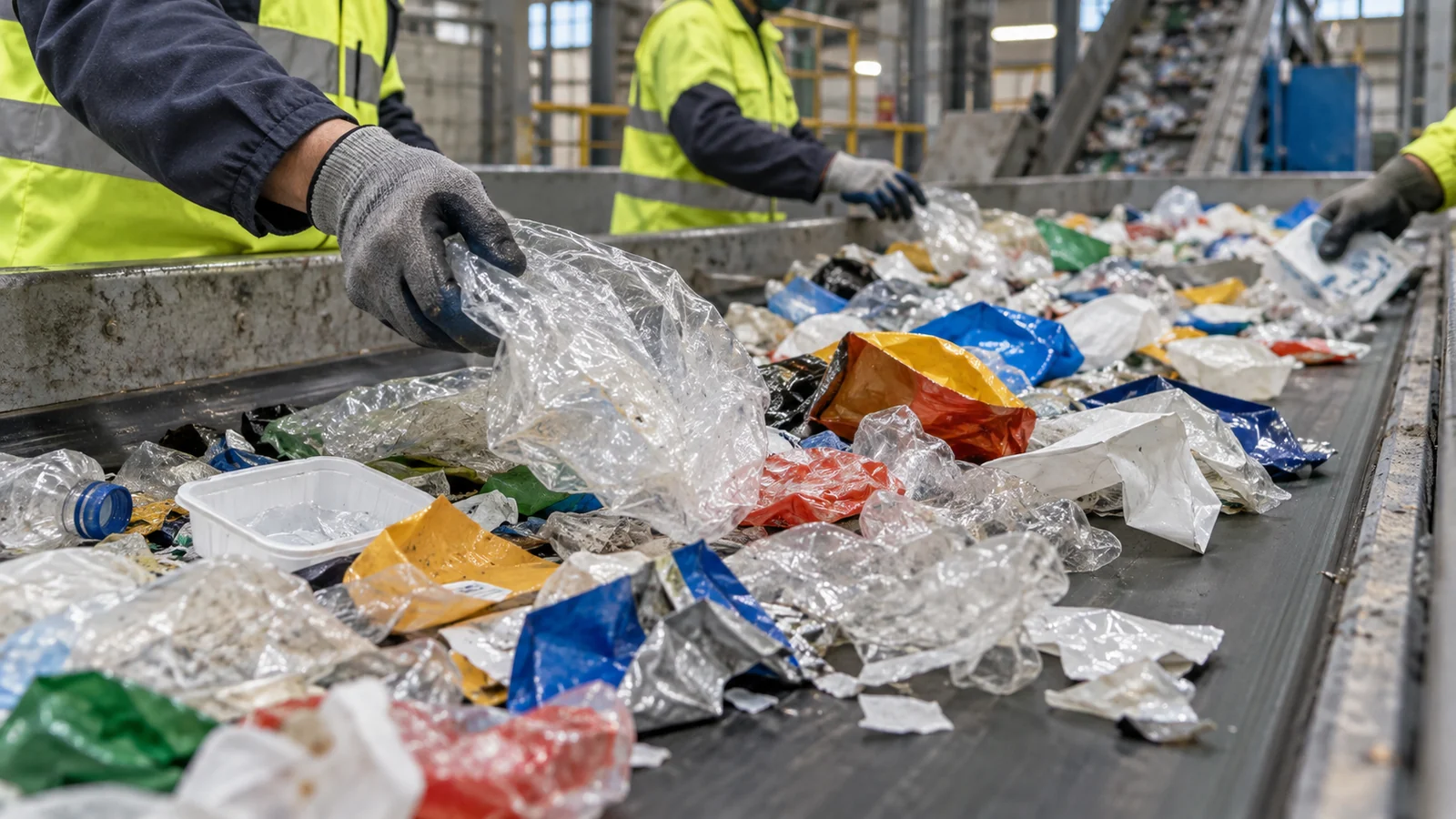 Gloved workers sorting mixed plastic packaging on a recycling conveyor