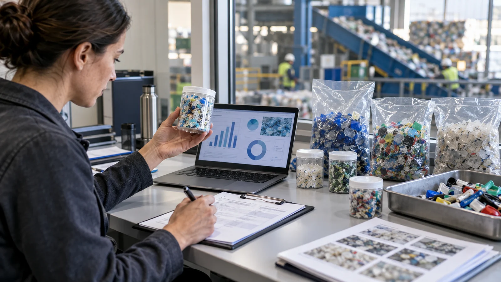 Sustainability analyst reviewing plastic waste traceability records beside sorted plastic fragments