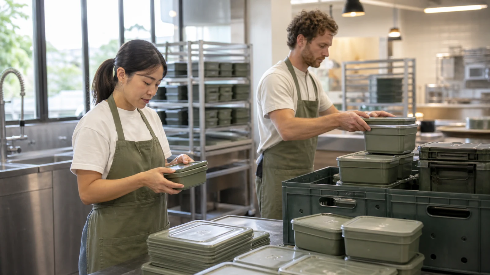 Workers inspecting clean reusable containers before they return to circulation