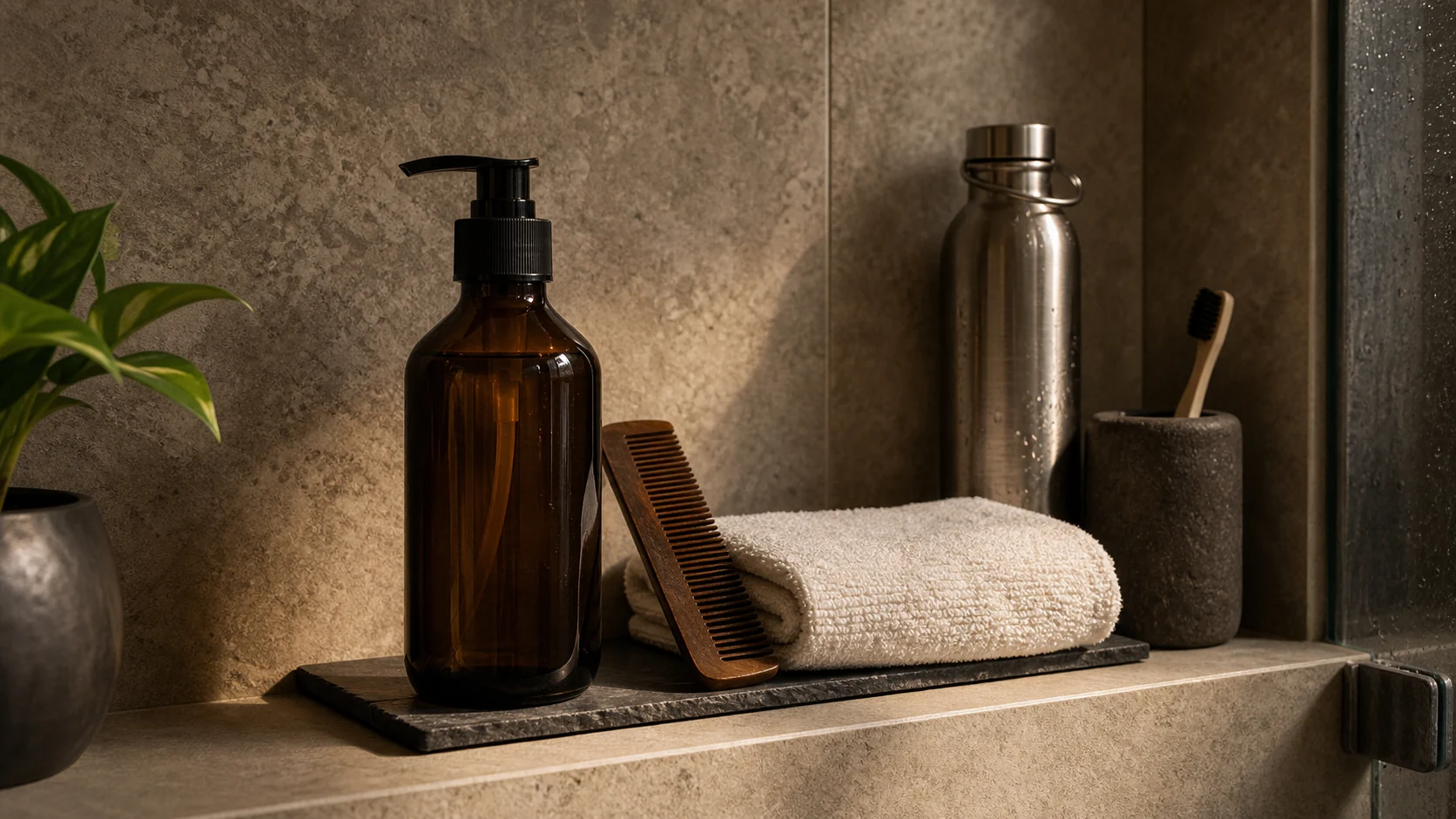 Well groomed man styling clean hair in a bright bathroom