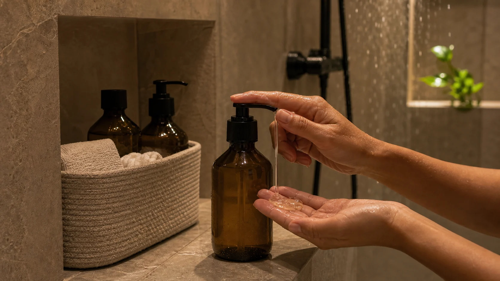 Refillable body care bottle on a clean responsible bathroom shelf
