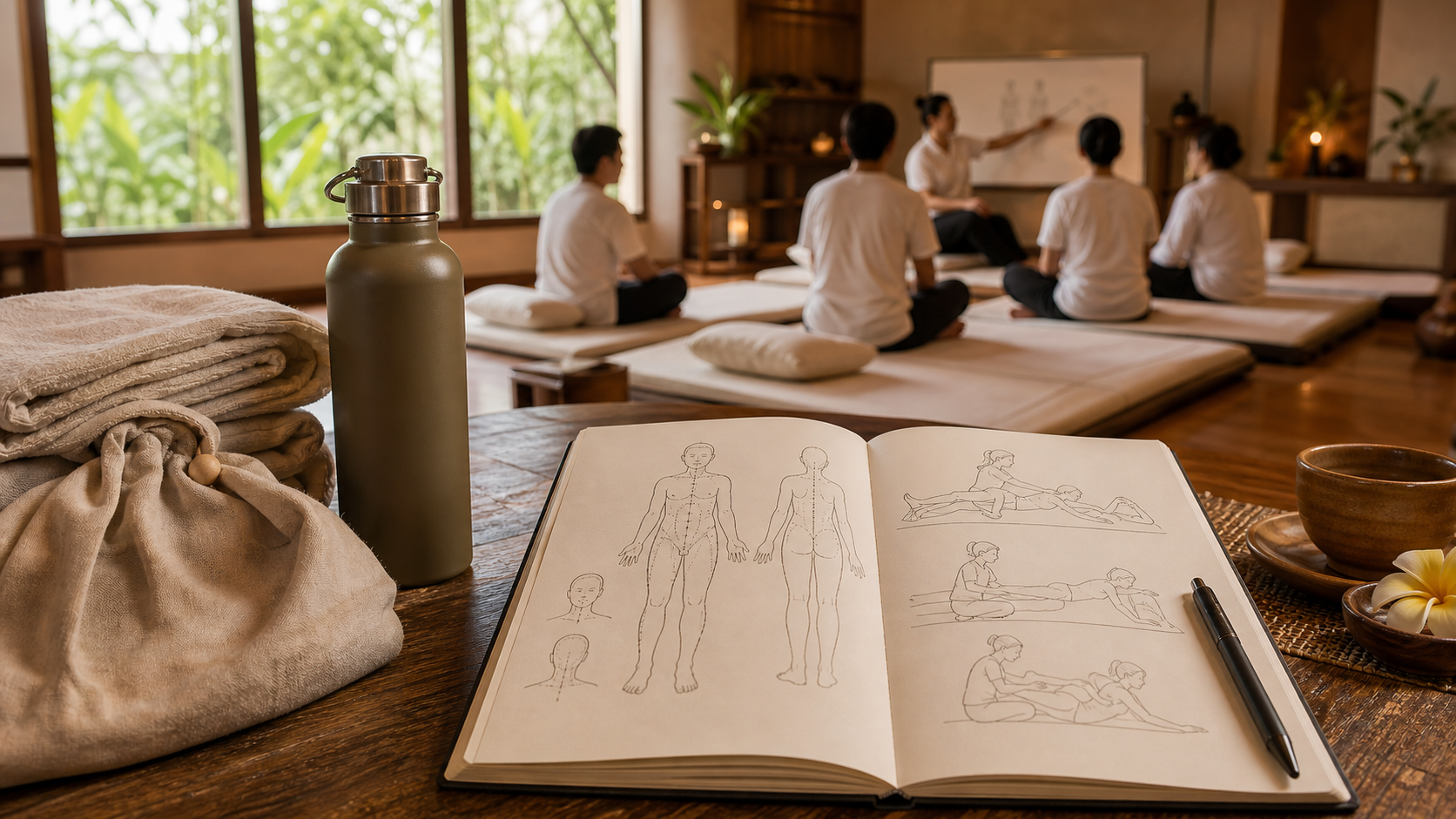 Training notebook and clean massage textiles in a bright classroom