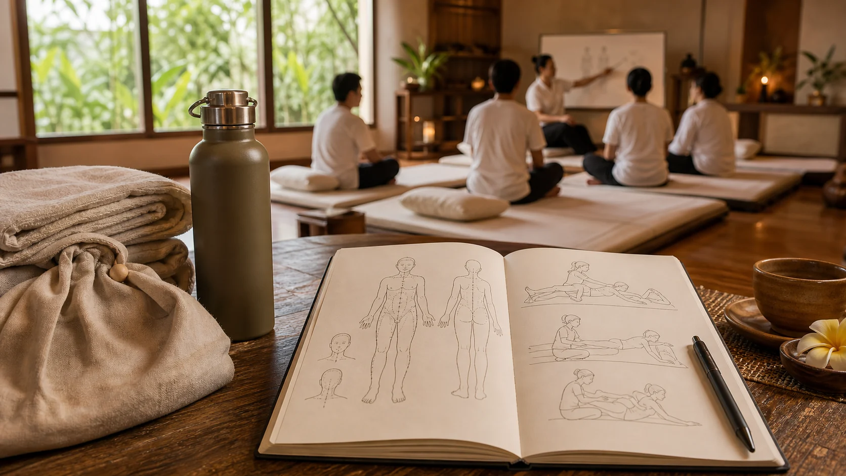 Training notebook and clean massage textiles in a bright classroom