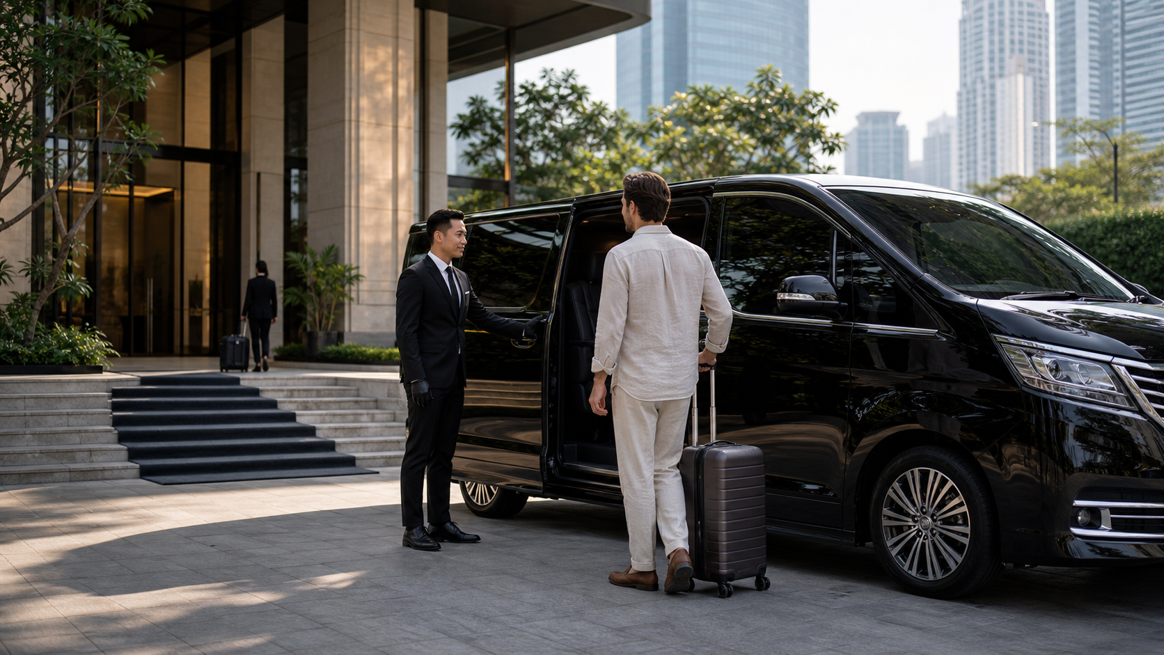 Premium chauffeur van waiting outside a Bangkok hotel