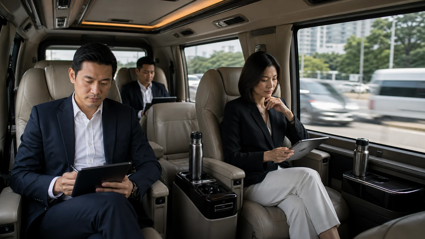Comfortable interior of a chauffeur van moving through Bangkok