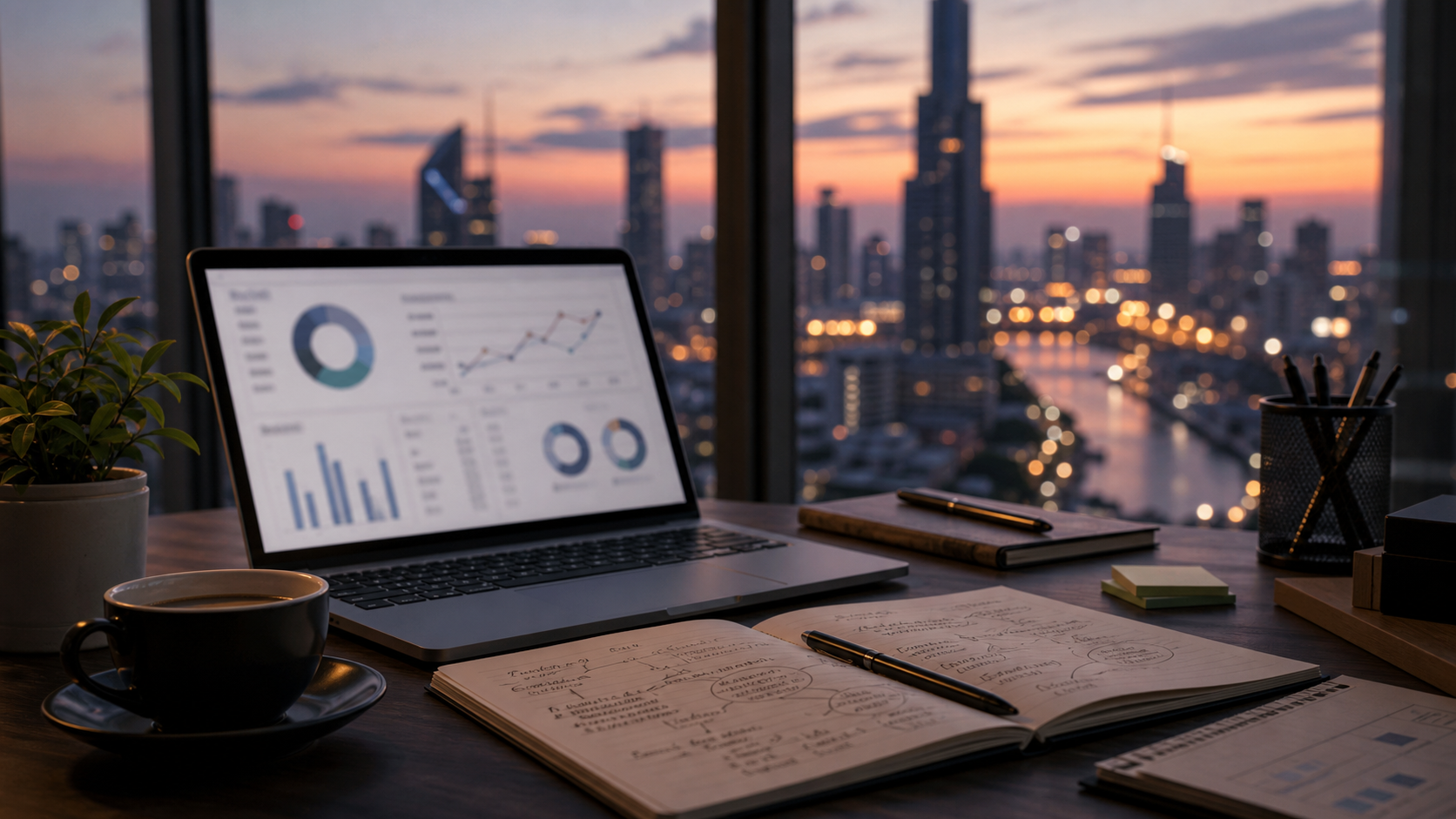 Digital project workspace with laptop analytics and wireframes