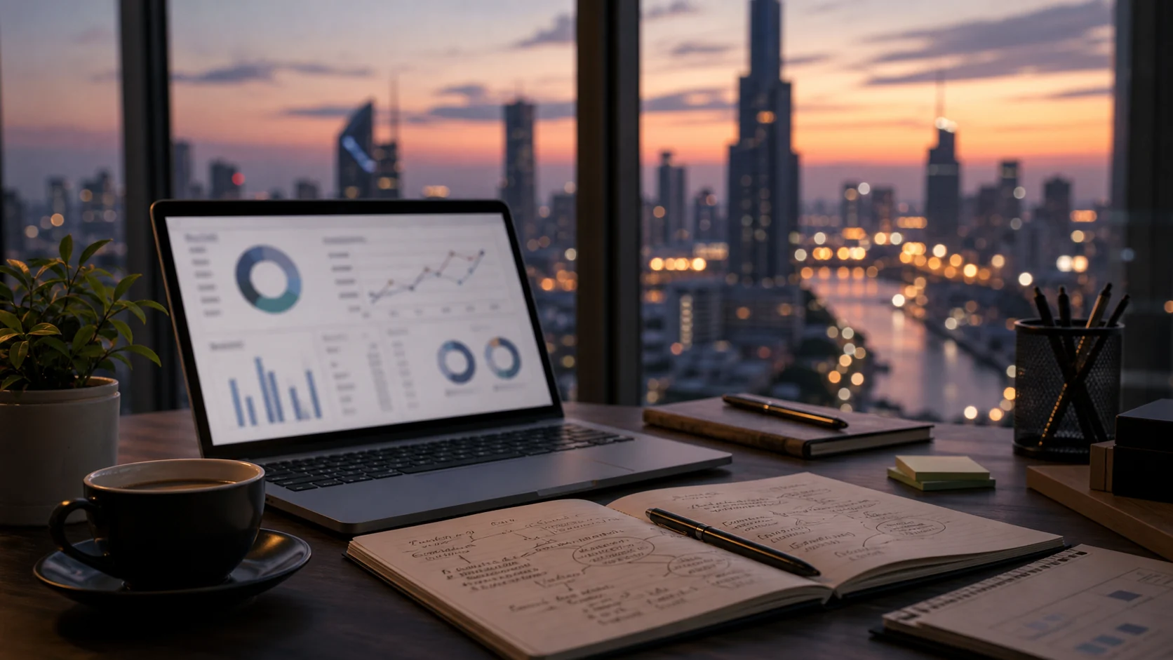Digital project workspace with laptop analytics and wireframes